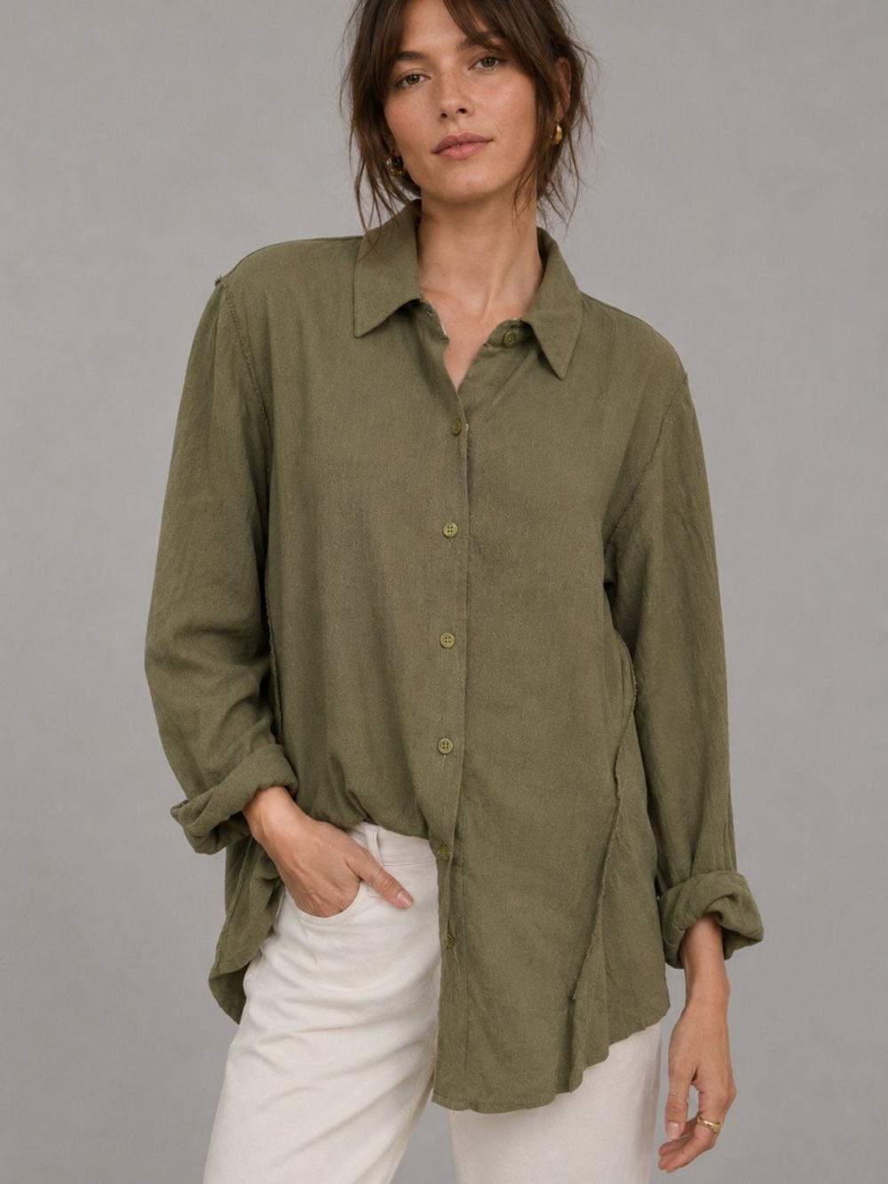 NWT Hem & Thread Olive Green Linen Blend Oversized Button Up Shirt Large Boho